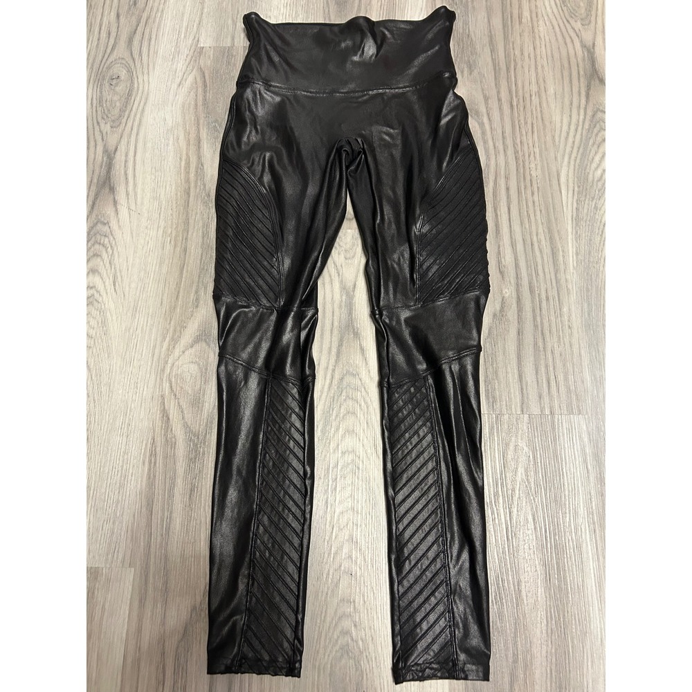 Spanx Womens Faux Leather Moto Leggings Nylon Large Black Very Good Condition